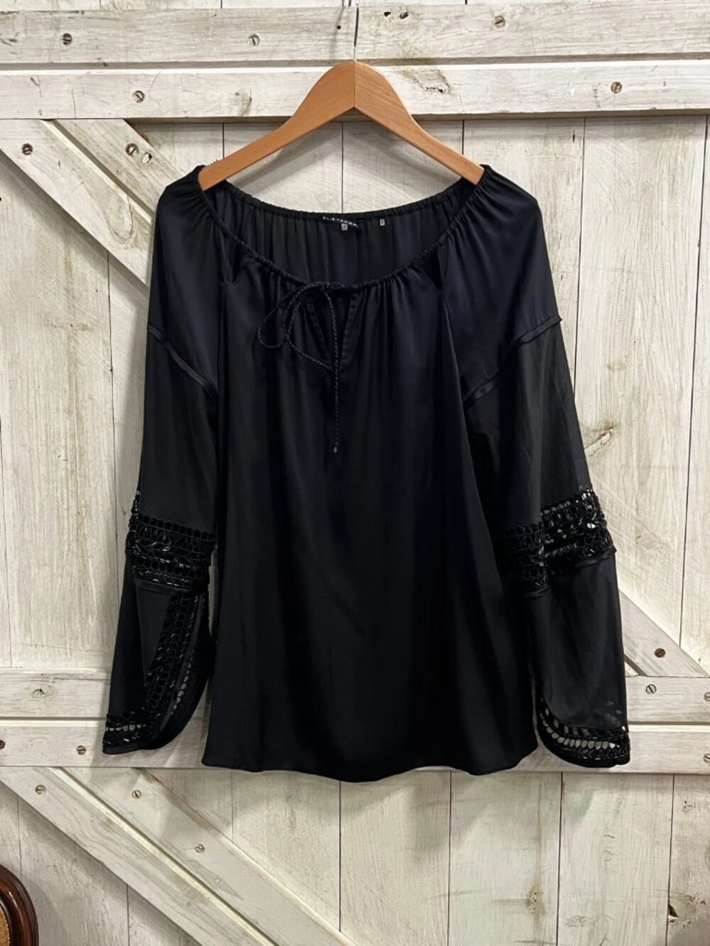 Elie Tahari Black Silk Beaded Sleeve Blouse Size M